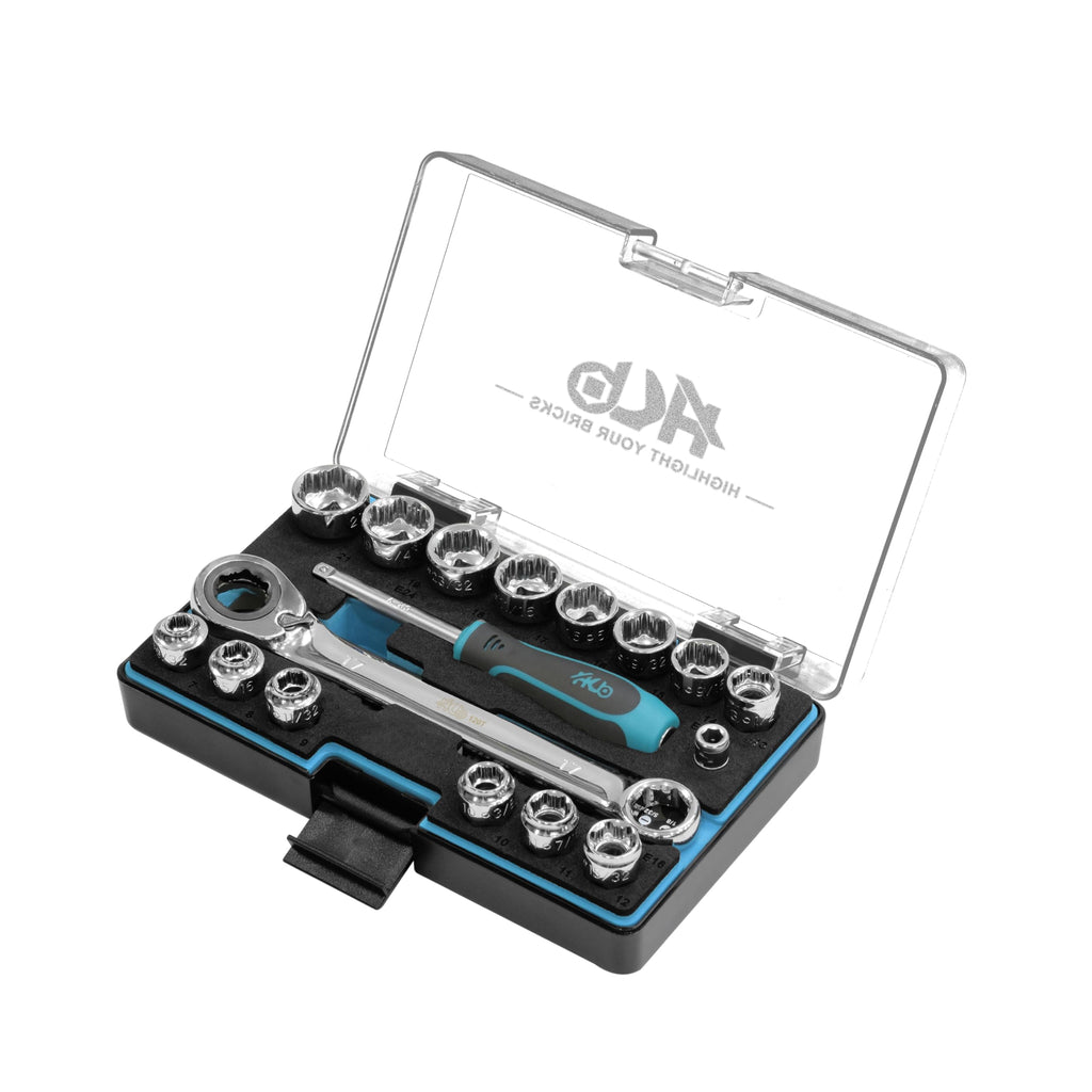 HB 57-Piece Socket Set AGX004-U, Low Profile 120-Tooth Ratchet Wrench with Non-Slip Sockets, Metric SAE E-Torx Compatible, Chrome Vanadium Steel, Portable EVA Case, Made in Taiwan