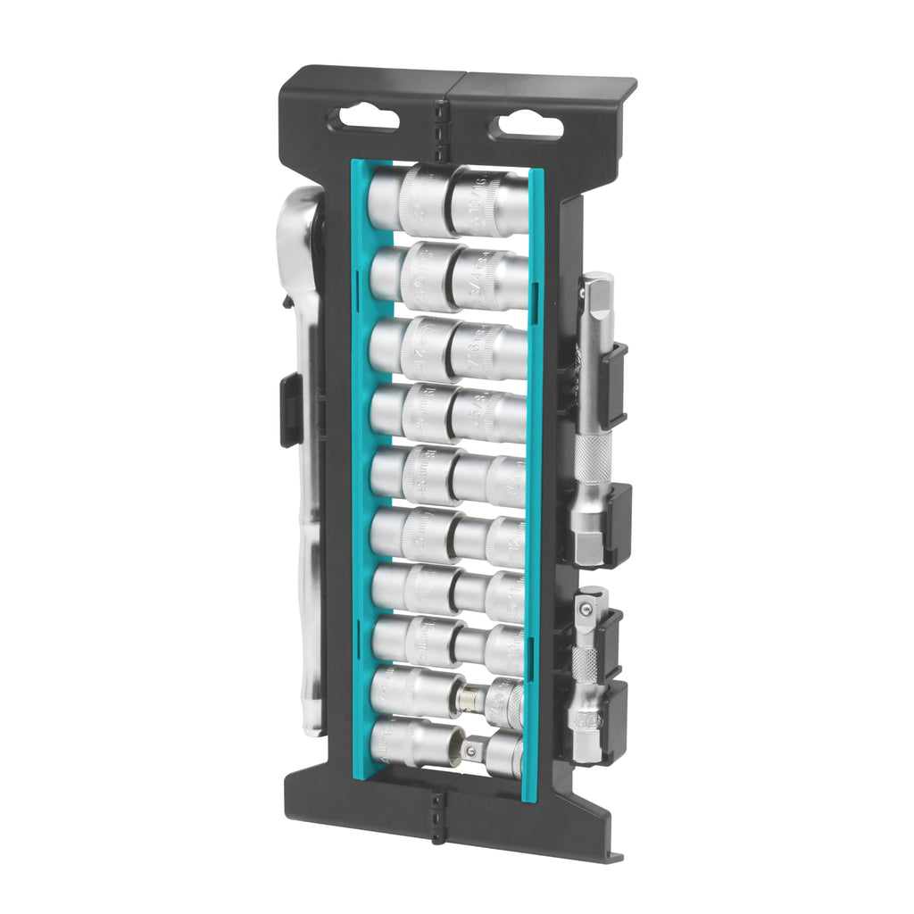 HB 23-Piece Socket Set AGX007-U, 90-Tooth Ratchet 1/2" Drive, Non-Slip Sockets for Rounded or Standard Bolts, Compact Foldable Storage Rack, Chrome Vanadium Steel, Made in Taiwan
