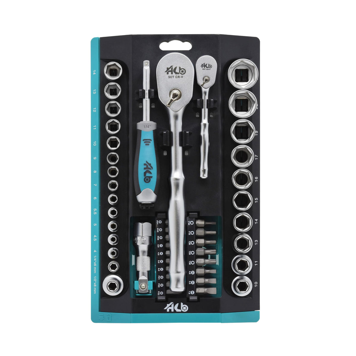 HB 65-Piece Socket Set, Dual 1/4" & 1/2" Sealed Head Ratchets & Rack