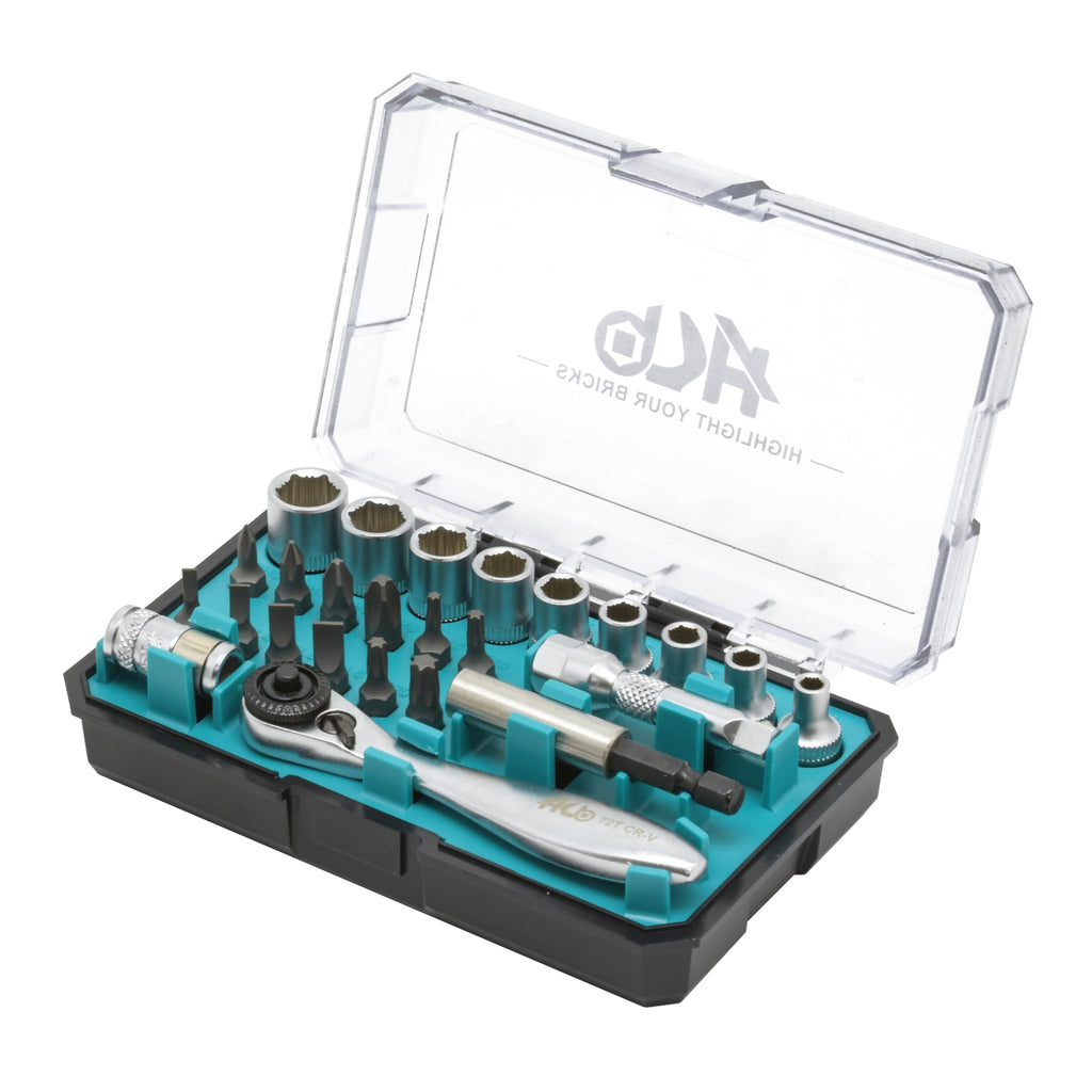HB 25-piece 1/4 inch socket and bit set with 72-tooth mini ratchet