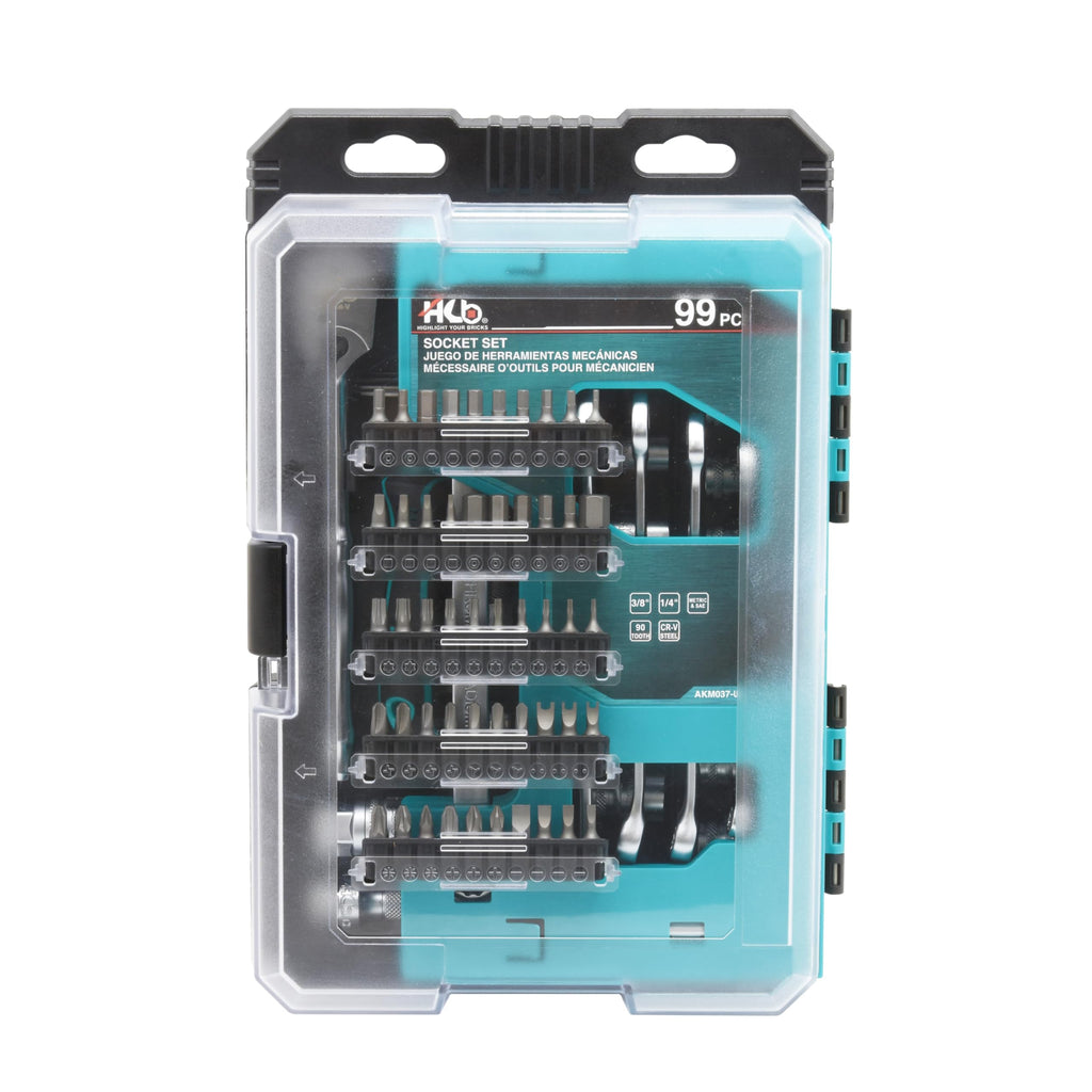 HB 99-Piece Socket Set AKM037-U, 90-Tooth Ratchet 3/8" Drive, Metric SAE 1/4" Sockets, Phillips Pozi Slotted Hex Star Square Tri-Wing Torq Bits, Extendable Compact Case, Made in Taiwan