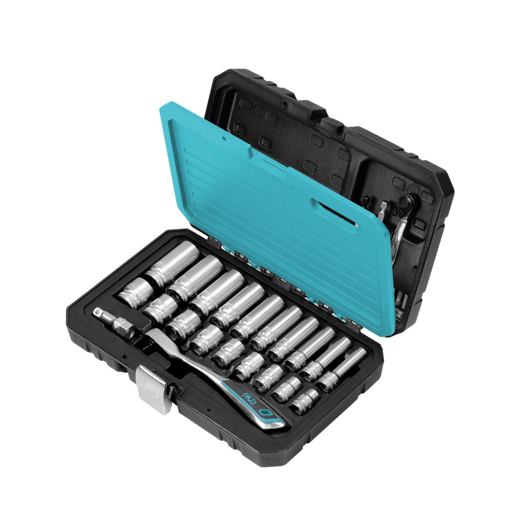 HB 74-Piece Socket Set AKX007-U, 120-Tooth Ratchet 3/8" Drive, 72-Tooth Stubby Mini Ratchet, SAE Standard & Deep Sockets, Impact Adapter, CR-V Steel, Storage Case, Made in Taiwan