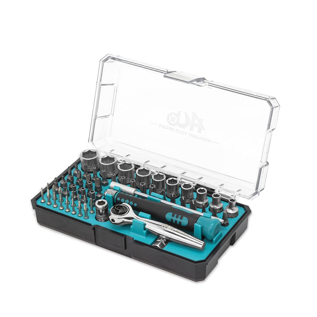 HB 61-Piece 1/4" Drive Socket & Bit Set, 90-Tooth Swivel Head Ratchet Kit
