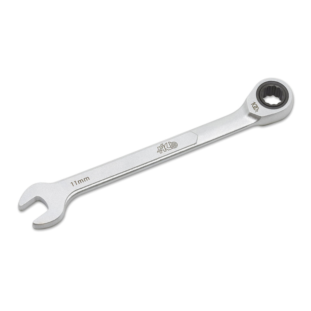 HB 11 mm 100-Tooth Ratcheting Combination Wrench WDM011-U | 12-Point Box End 3.6° Arc Swing | 15° Angled Head Pass-Through Design for Long Bolts Raised Panel Laser Marking Matte Finish Made in Taiwan