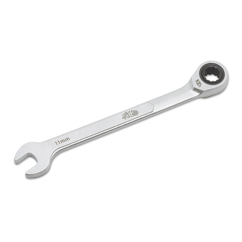 HB 11 mm 100-Tooth Ratcheting Combination Wrench WDM011-U | 12-Point Box End 3.6° Arc Swing | 15° Angled Head Pass-Through Design for Long Bolts Raised Panel Laser Marking Matte Finish Made in Taiwan