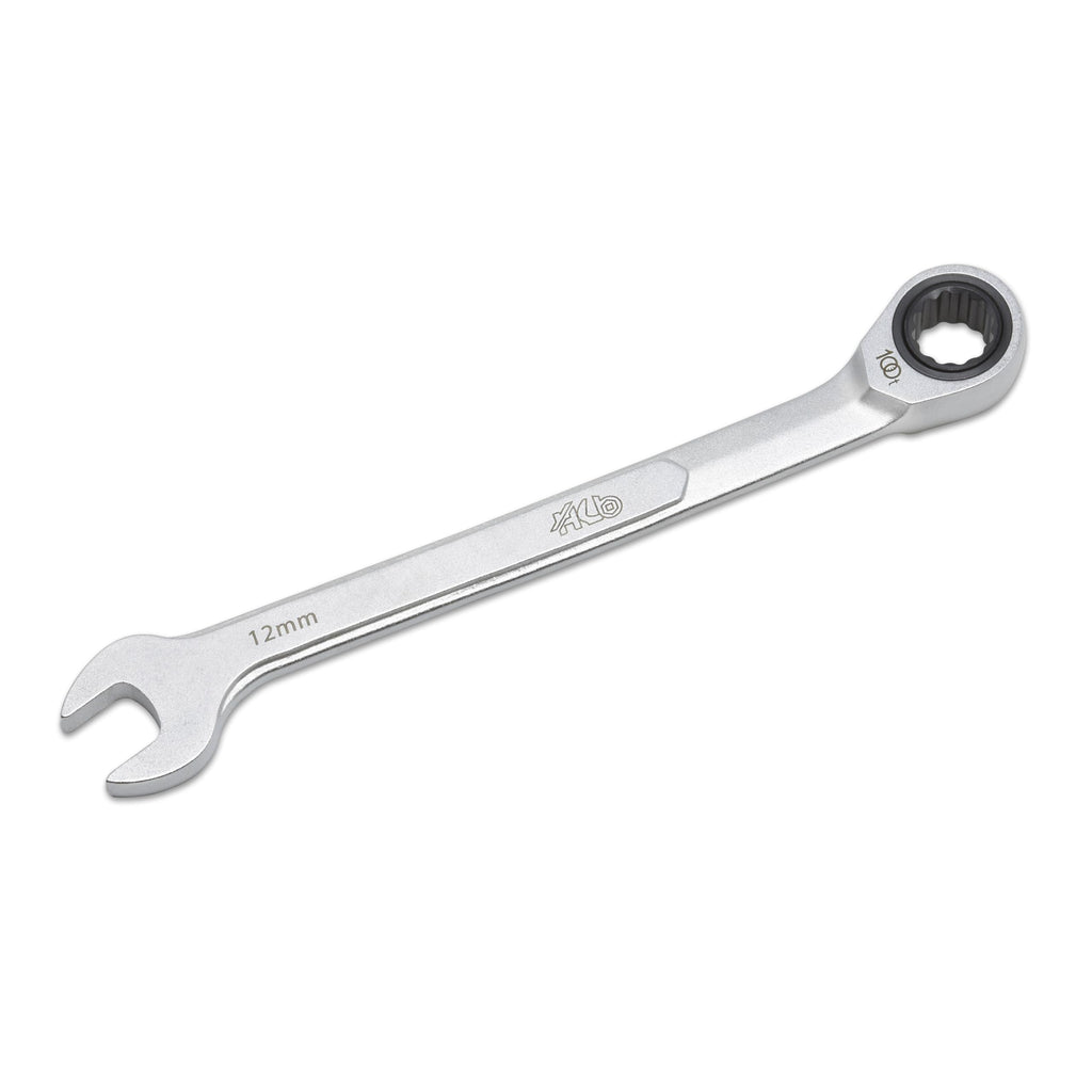 HB 12 mm 100-Tooth Ratcheting Combination Wrench WDM012-U | 12-Point Box End 3.6° Arc Swing | 15° Angled Head Pass-Through Design for Long Bolts Raised Panel Laser Marking Matte Finish Made in Taiwan