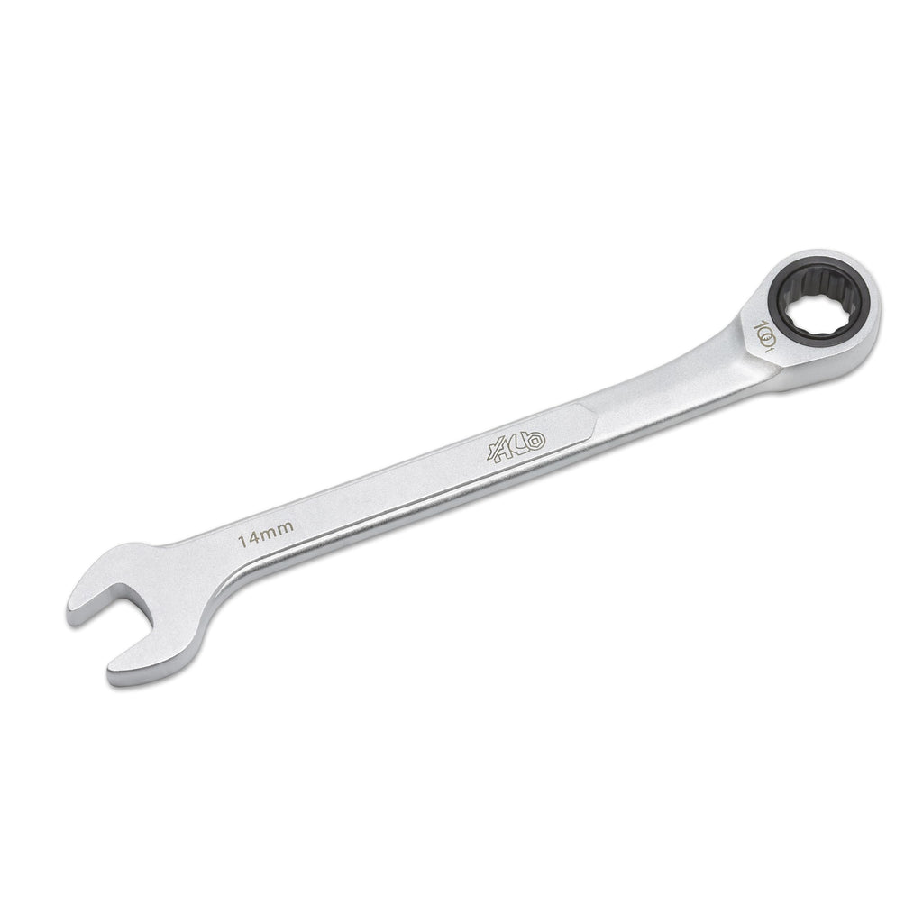 HB 14 mm 100-Tooth Ratcheting Combination Wrench WDM014-U | 12-Point Box End 3.6° Arc Swing | 15° Angled Head Pass-Through Design for Long Bolts Raised Panel Laser Marking Matte Finish Made in Taiwan