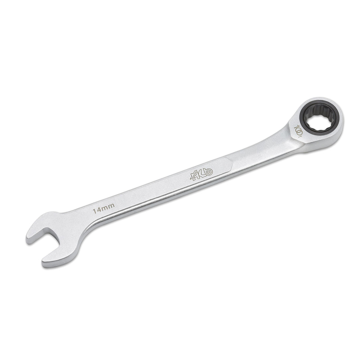 HB 14 mm 100-Tooth Ratcheting Combination Wrench WDM014-U | 12-Point Box End 3.6° Arc Swing | 15° Angled Head Pass-Through Design for Long Bolts Raised Panel Laser Marking Matte Finish Made in Taiwan