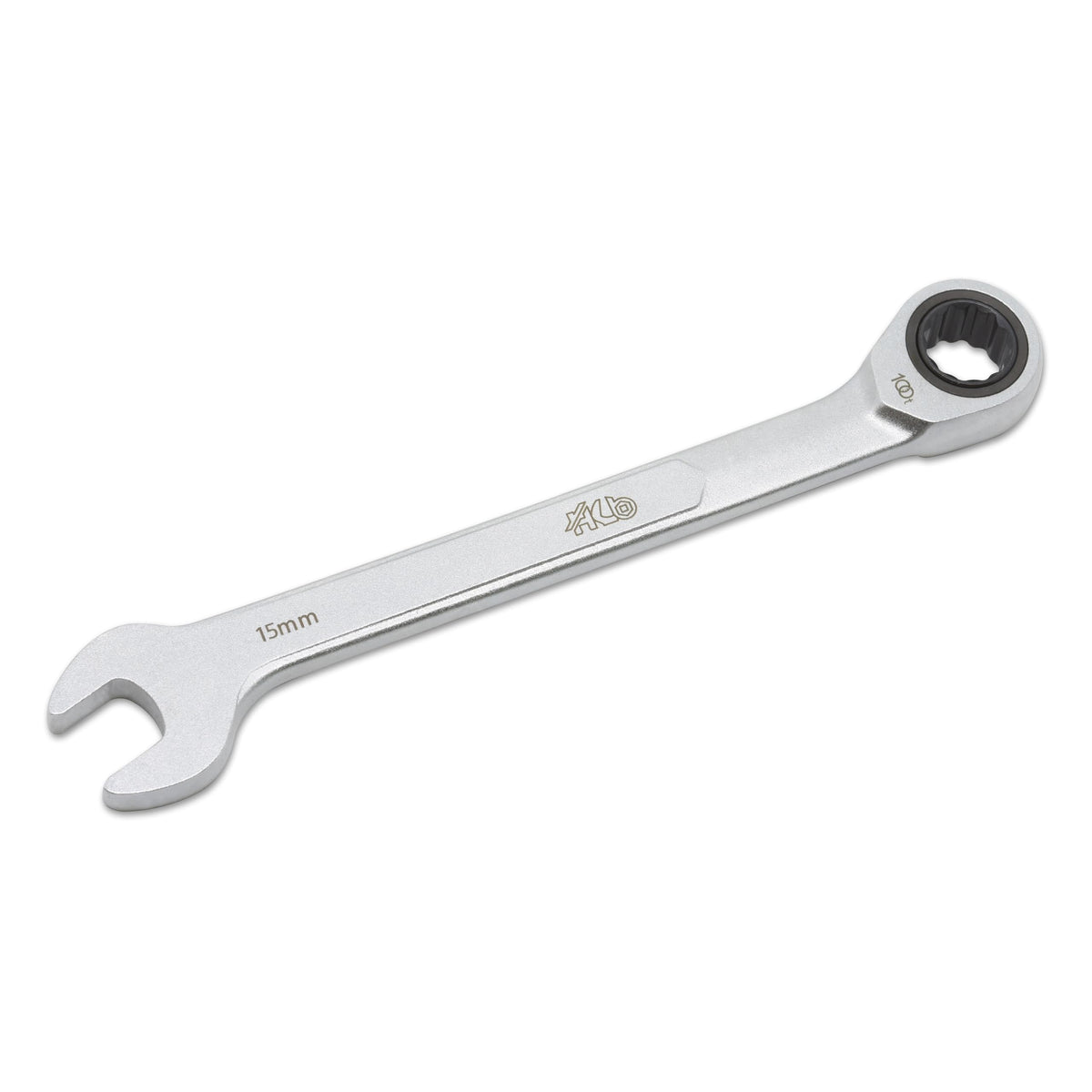 HB 15 mm 100-Tooth Ratcheting Combination Wrench WDM015-U | 12-Point Box End 3.6° Arc Swing | 15° Angled Head Pass-Through Design for Long Bolts Raised Panel Laser Marking Matte Finish Made in Taiwan