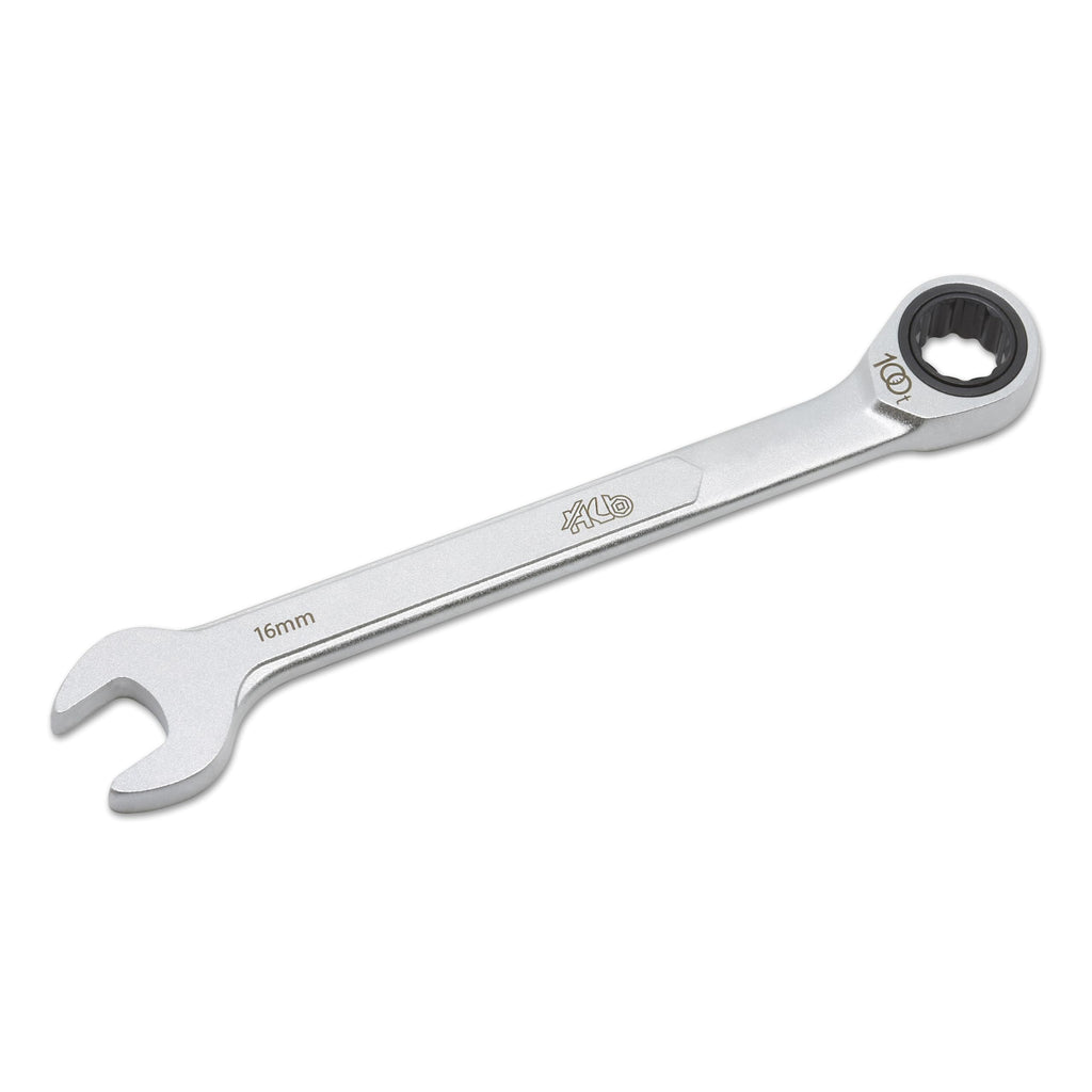 HB 16 mm 100-Tooth Ratcheting Combination Wrench WDM016-U | 12-Point Box End 3.6° Arc Swing | 15° Angled Head Pass-Through Design for Long Bolts Raised Panel Laser Marking Matte Finish Made in Taiwan