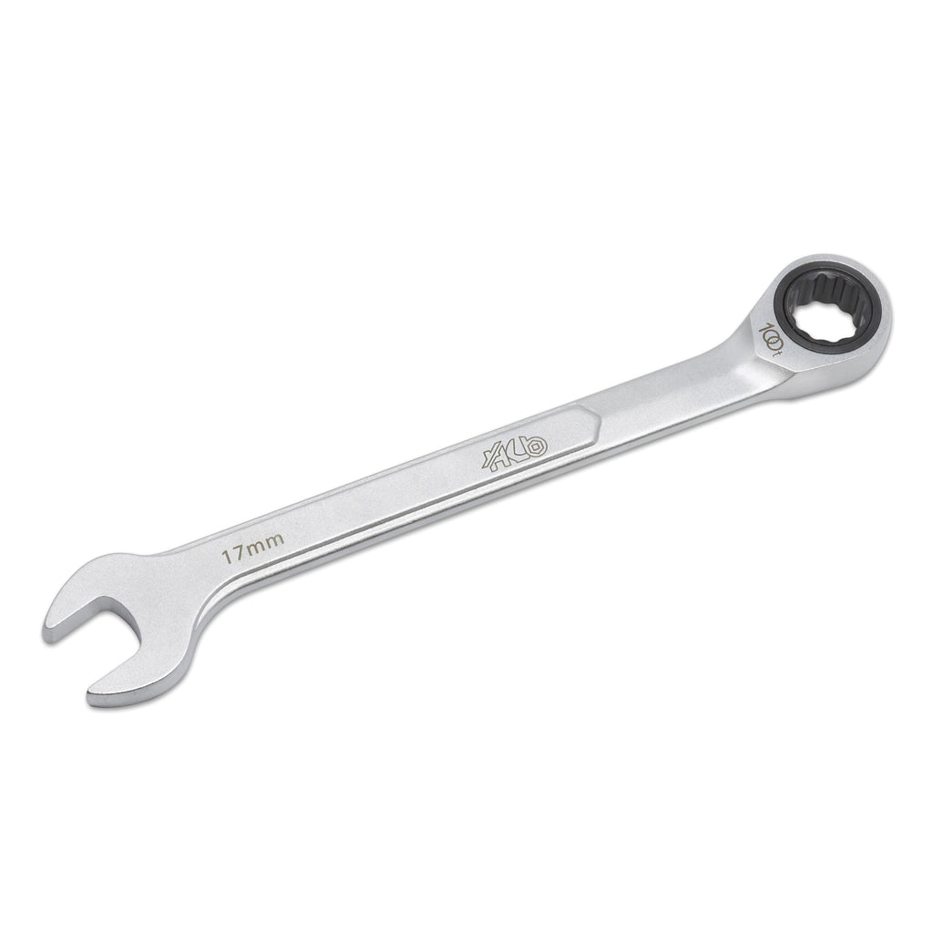 HB 17 mm 100-Tooth Ratcheting Combination Wrench WDM017-U | 12-Point Box End 3.6° Arc Swing | 15° Angled Head Pass-Through Design for Long Bolts Raised Panel Laser Marking Matte Finish Made in Taiwan