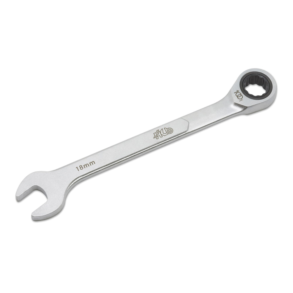 HB 18 mm 100-Tooth Ratcheting Combination Wrench WDM018-U | 12-Point Box End 3.6° Arc Swing | 15° Angled Head Pass-Through Design for Long Bolts Raised Panel Laser Marking Matte Finish Made in Taiwan
