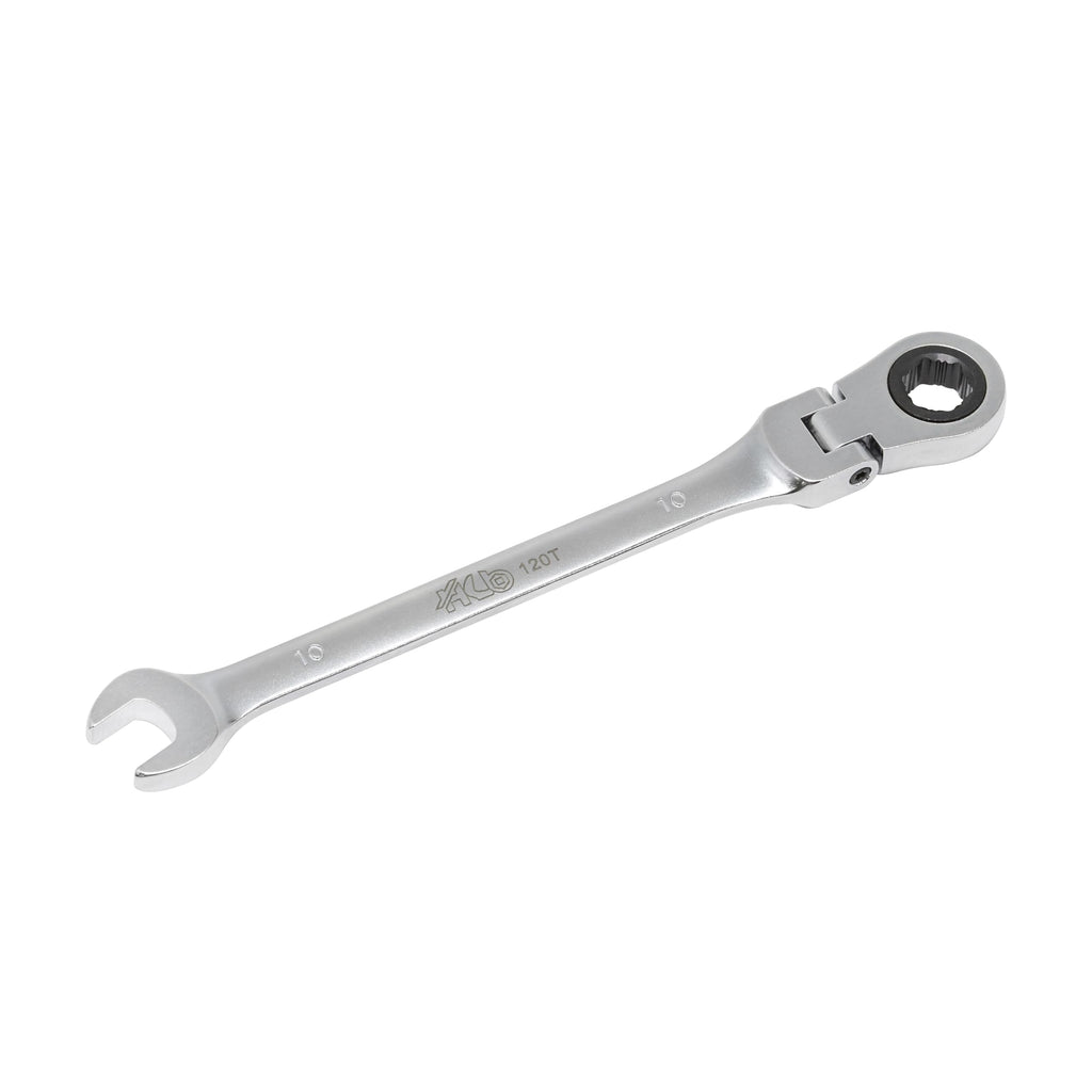 HB 10mm Ratchet Wrench WGF010 120-Tooth Non-Slip Flex Head 180° Reversible Metric Spanner 3° Arc Swing Patented Grip Plus Rounded Bolt Remover Chrome Vanadium Steel Micro-Chrome Finish Made in Taiwan
