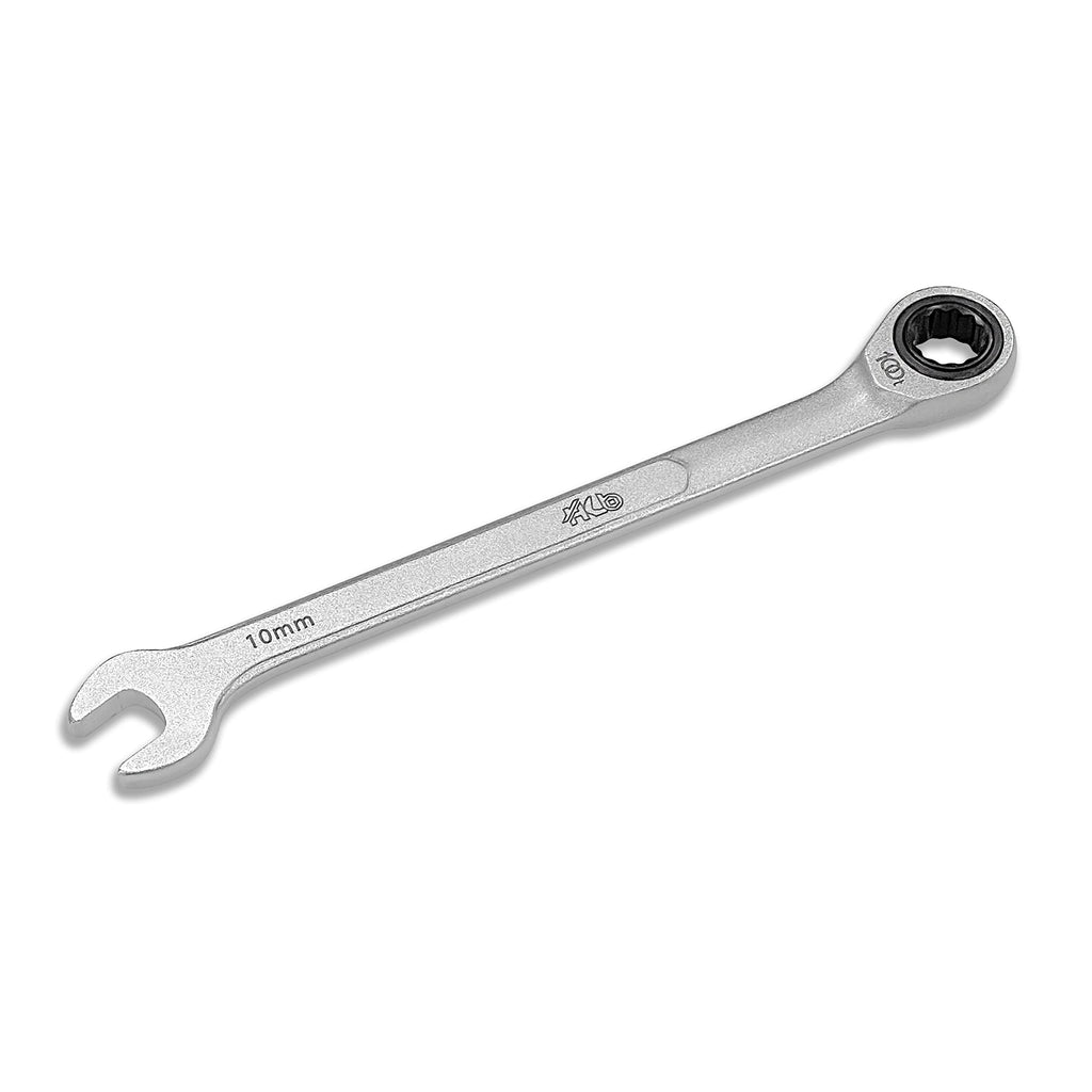 HB 10mm Ratcheting Combination Wrench WDM010-U | 100-Tooth 12-Point Box End 15° Offset Head | Pass-Through Design for Long Bolts | Chrome Vanadium Steel Matte Finish Professional Tool Made in Taiwan
