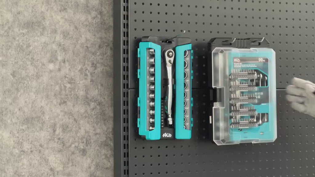 HB 99-Piece Socket Set AKM037-U, 90-Tooth Ratchet 3/8" Drive, Metric SAE 1/4" Sockets, Phillips Pozi Slotted Hex Star Square Tri-Wing Torq Bits, Extendable Compact Case, Made in Taiwan