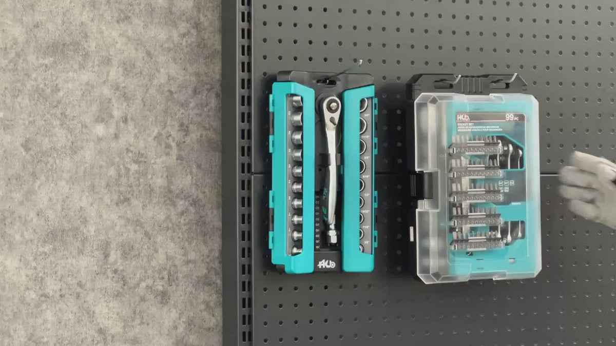 HB 99-Piece Socket Set AKM037-U, 90-Tooth Ratchet 3/8" Drive, Metric SAE 1/4" Sockets, Phillips Pozi Slotted Hex Star Square Tri-Wing Torq Bits, Extendable Compact Case, Made in Taiwan